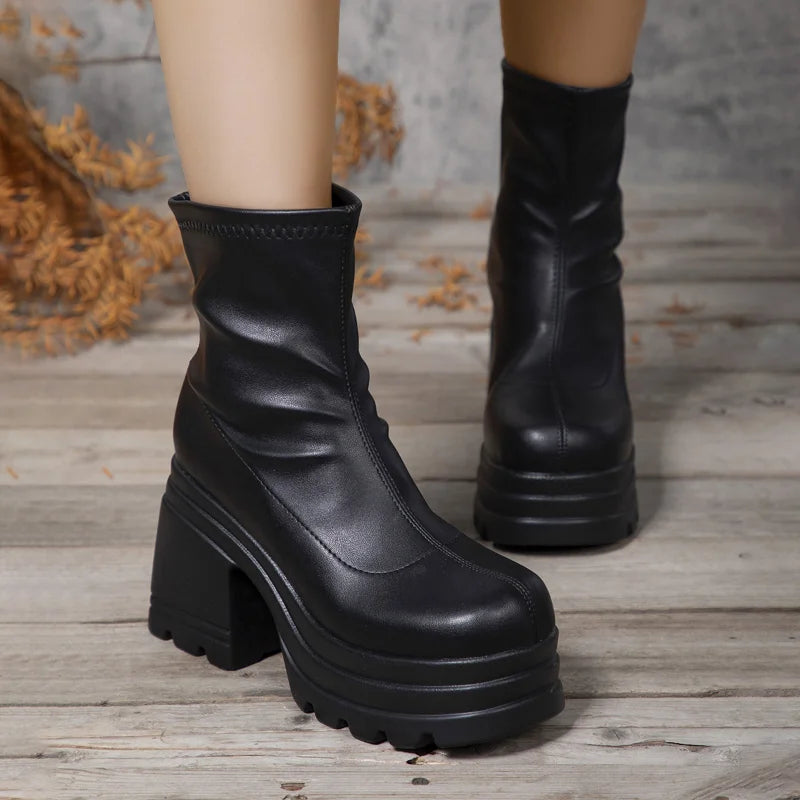 Women's Platform Ankle Boots Chunky Block Heel Square Toe