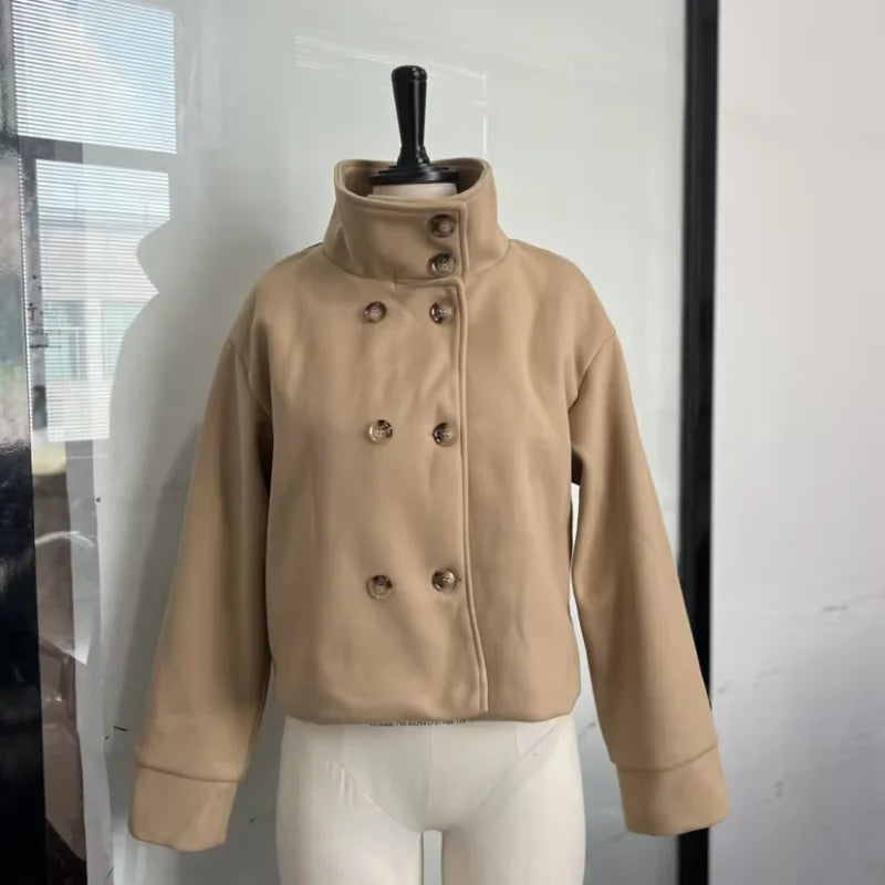 Women's Short Woolen Coat – Stand Collar Zip Jacket