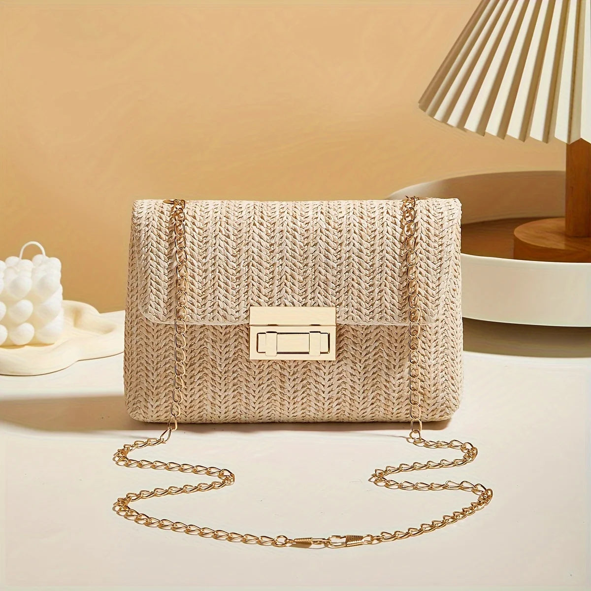 Woven Straw Crossbody Bag with Gold Chain & Lock Closure