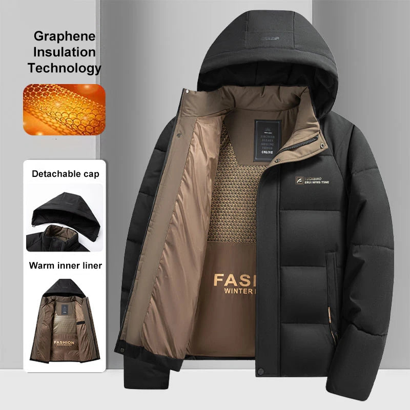 Men's Graphene Insulated Winter Hooded Puffer Jacket – Windproof Overcoat
