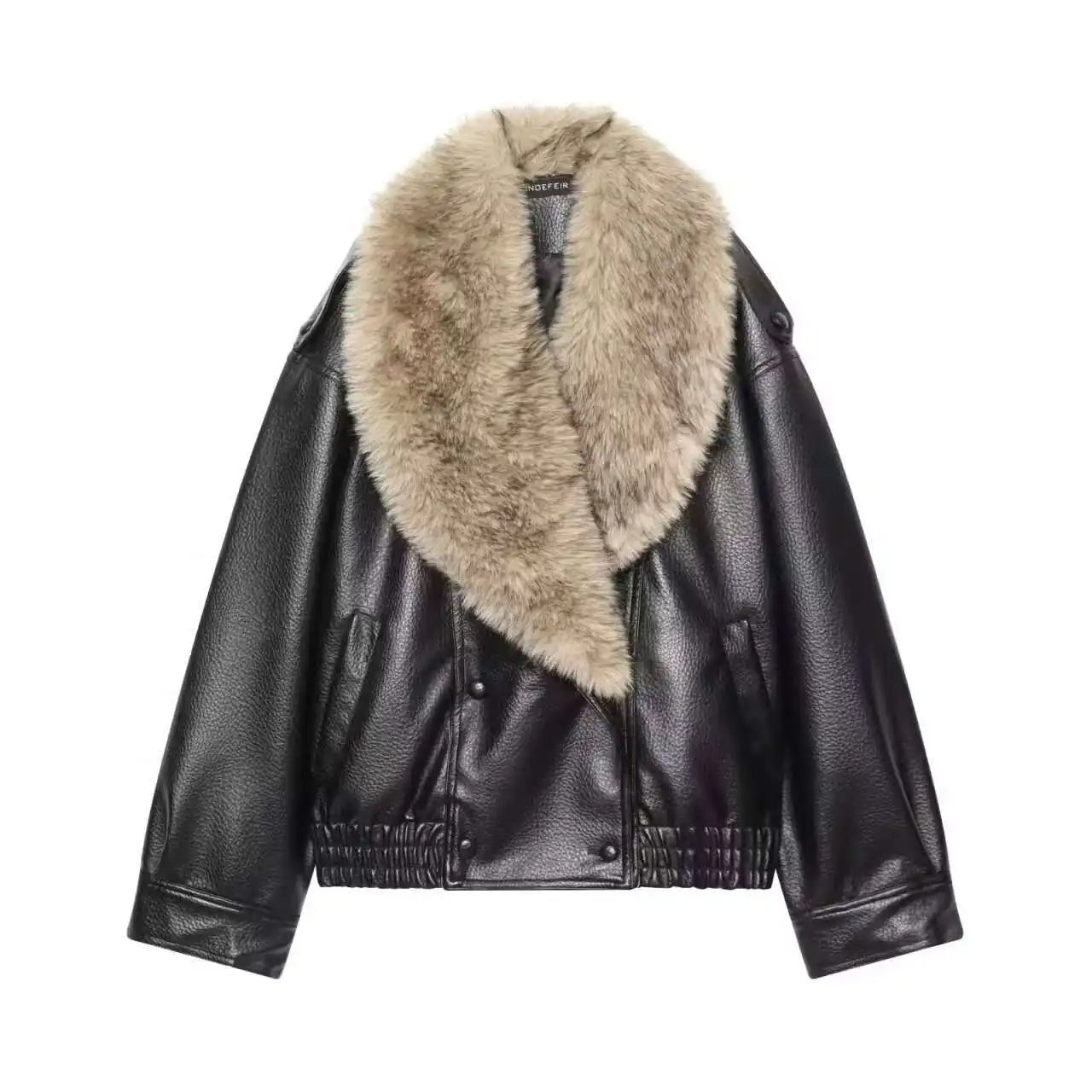 Faux Leather Jacket Women – Oversized Winter Coat with Detachable Fur Collar
