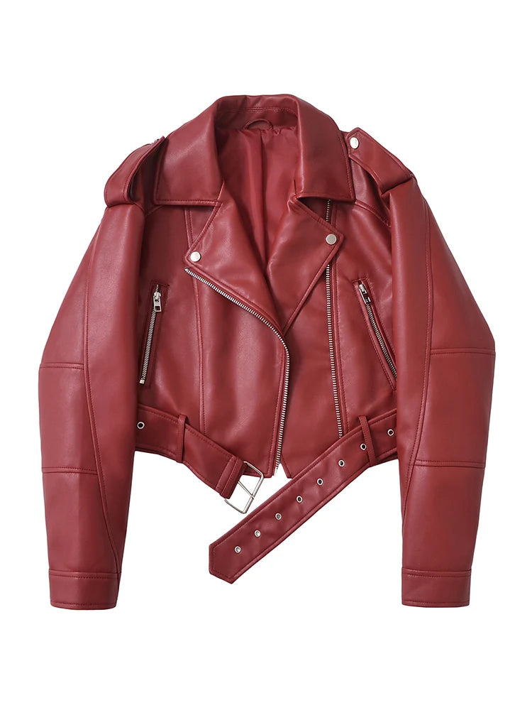 Women's Faux Leather Moto Jacket with Belt – Short Biker Style