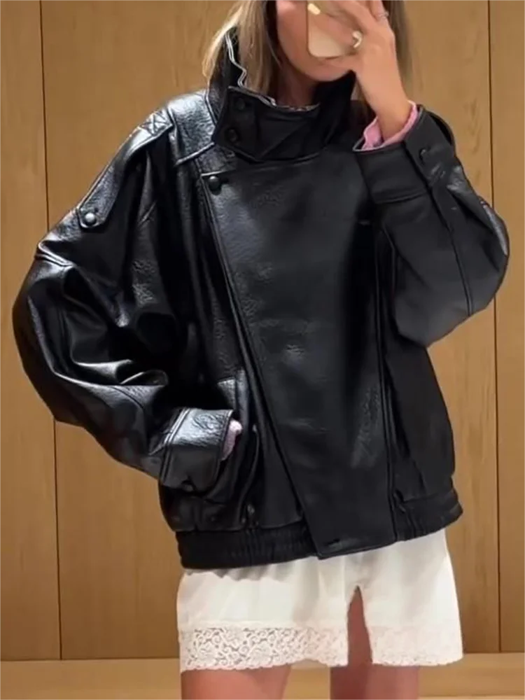 Women's Oversized Faux Leather Jacket – Casual Chic Button Coat