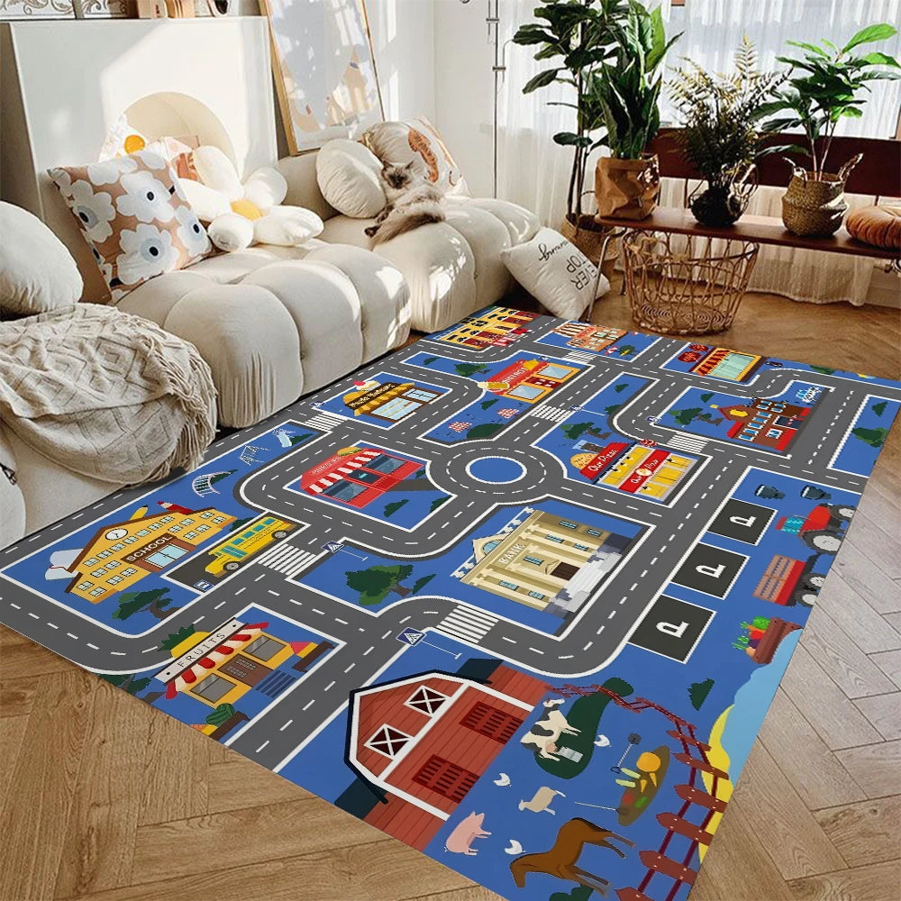 Kids Car Play Mat – City Road Map Rug for Boys & Girls