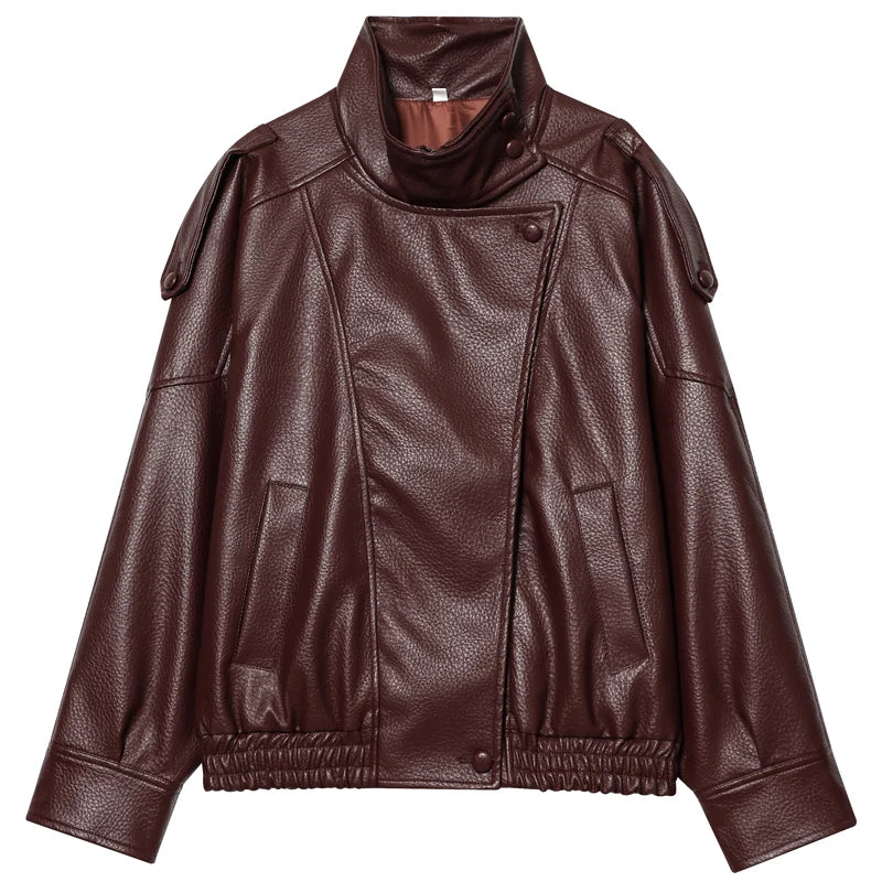 Faux Leather Bomber Jacket Women – Oversized Cropped Zip-Up