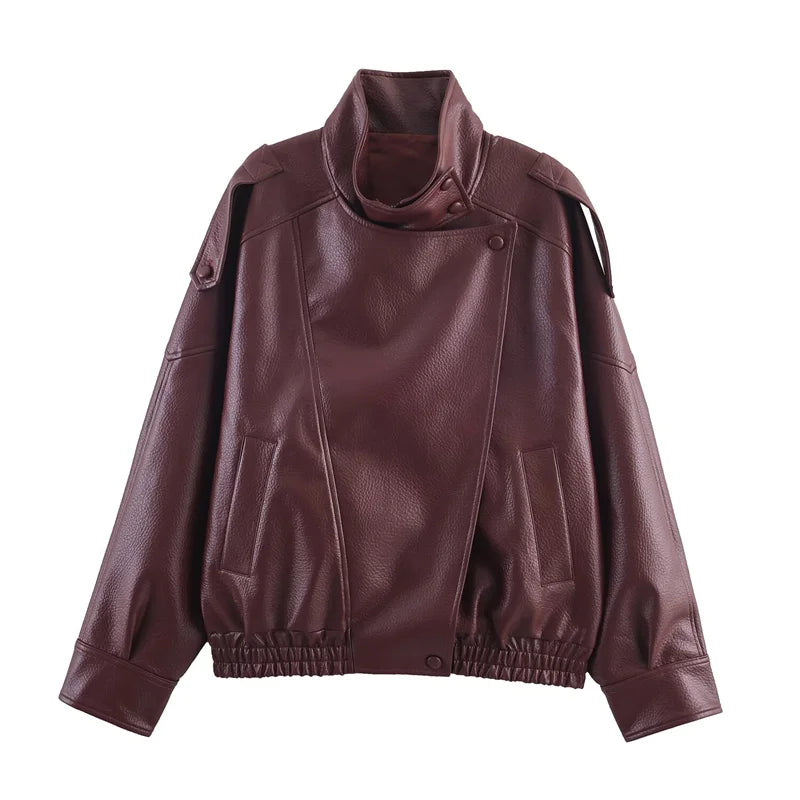 Women's Faux Leather Motorcycle Jacket Long Sleeve