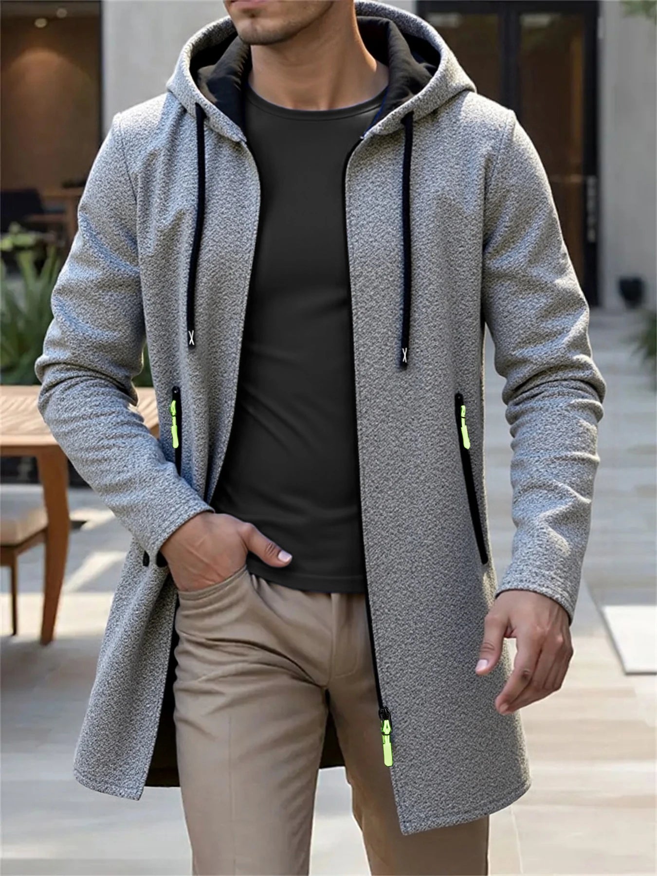 Men's Hooded Knit Cardigan Long Jacket – Casual Zip-Up Coat