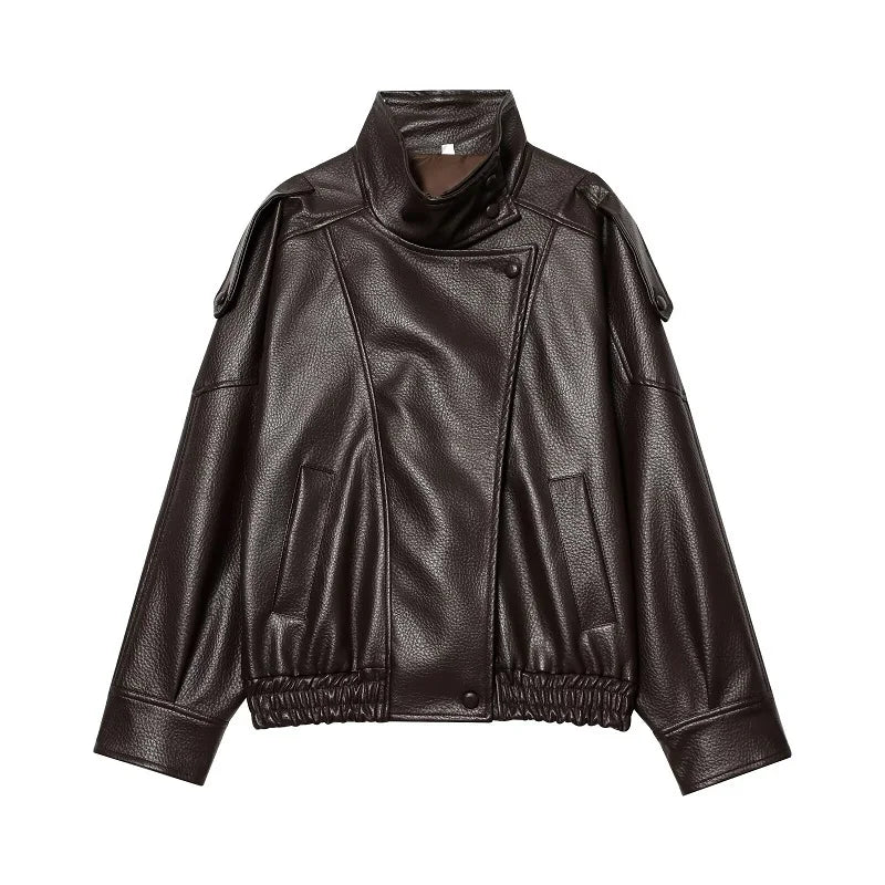 Oversized Faux Leather Bomber Jacket for Women