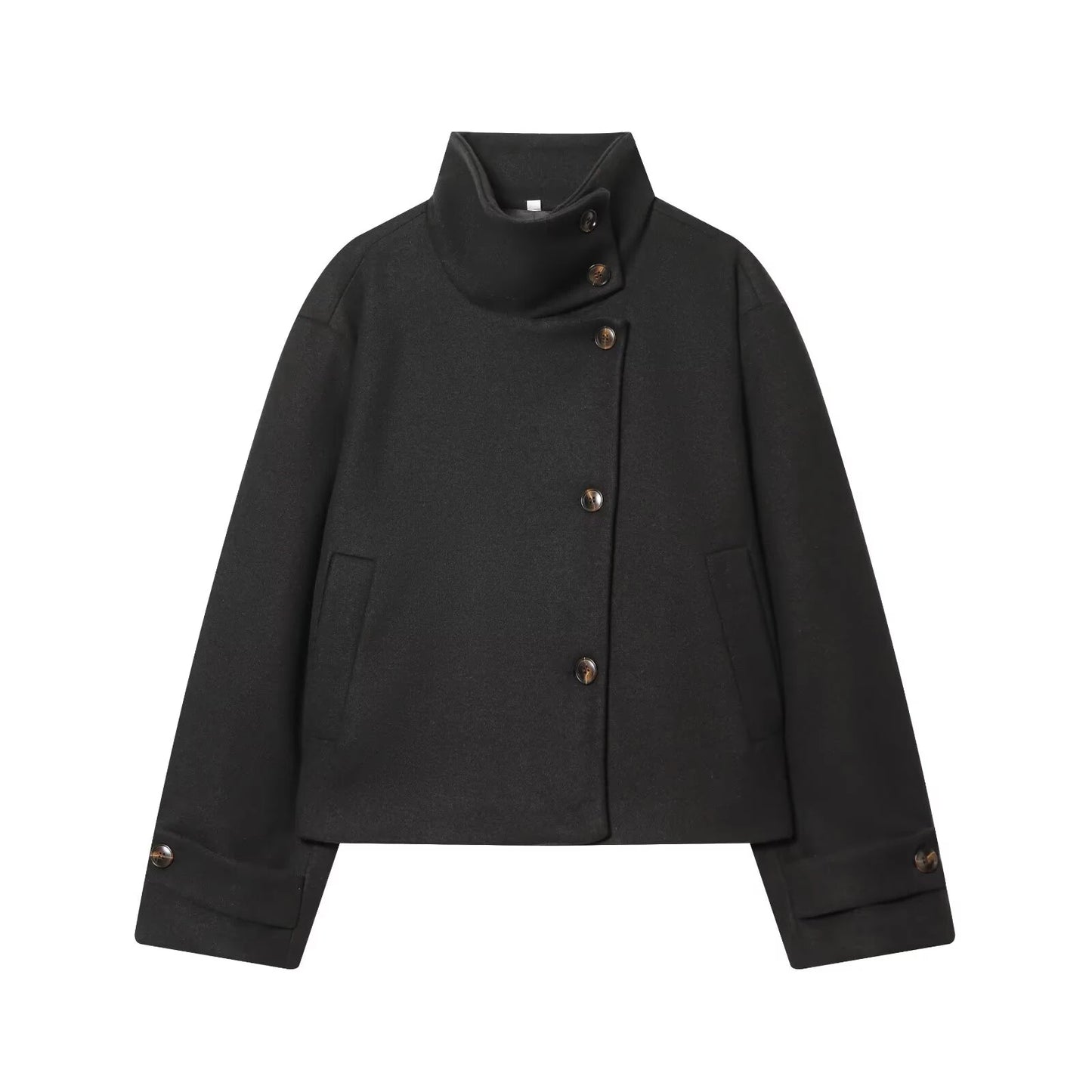 Women's Stand Collar Button Wool Blend Short Coat – Loose Casual Winter Jacket