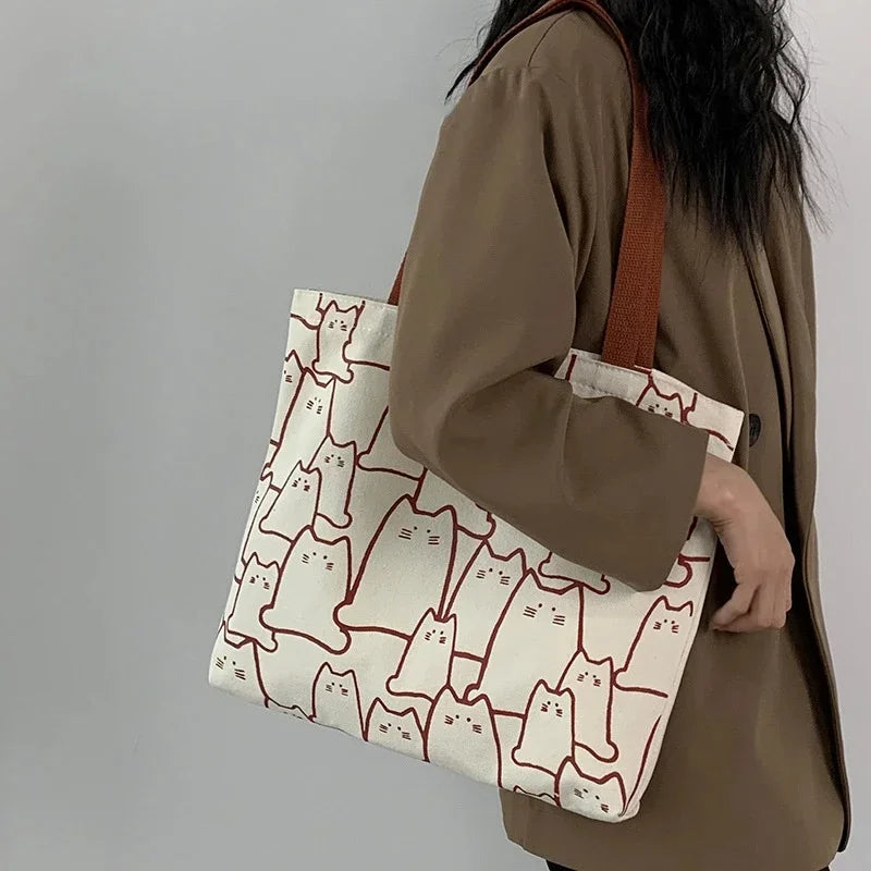 Cat Print Canvas Tote Bag – Cute Graphic Shoulder Bag for Women