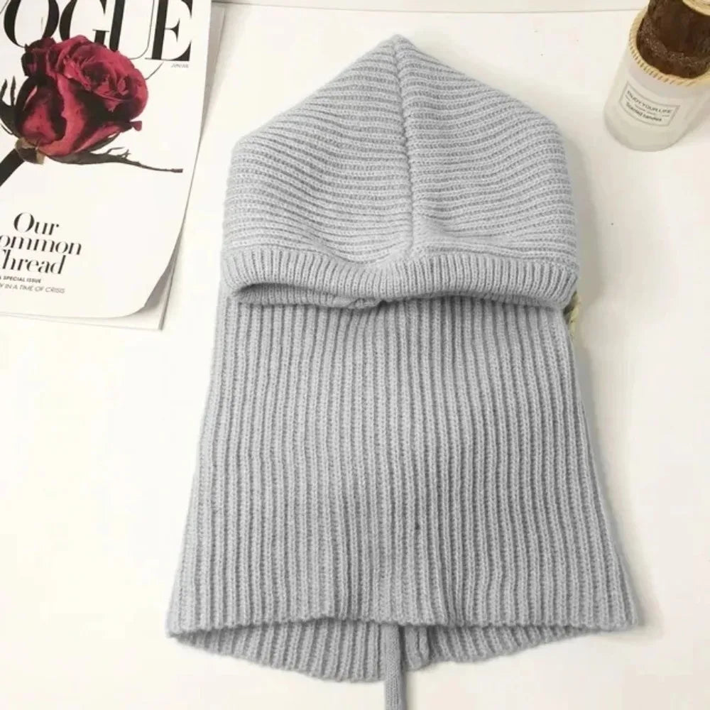 Knitted Balaclava Hood Hat with Fake Collar Shawl – Women's Winter Beanie