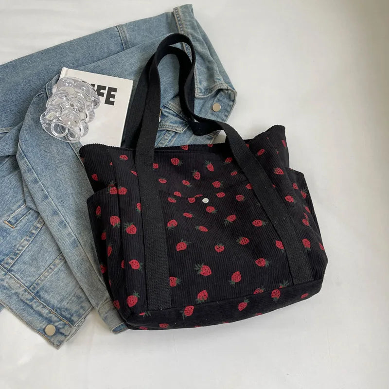 Corduroy Strawberry Print Tote Bag – Cute Shoulder Bag