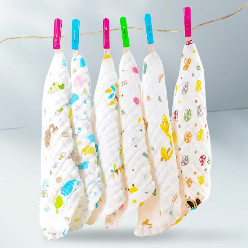 Kids Cotton Washcloths – 6-Layer Printed Square Towels 25cm, 5pcs