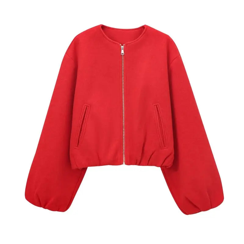 Women's Loose Cropped Bomber Jacket – Zip-Up Long Sleeve Coat