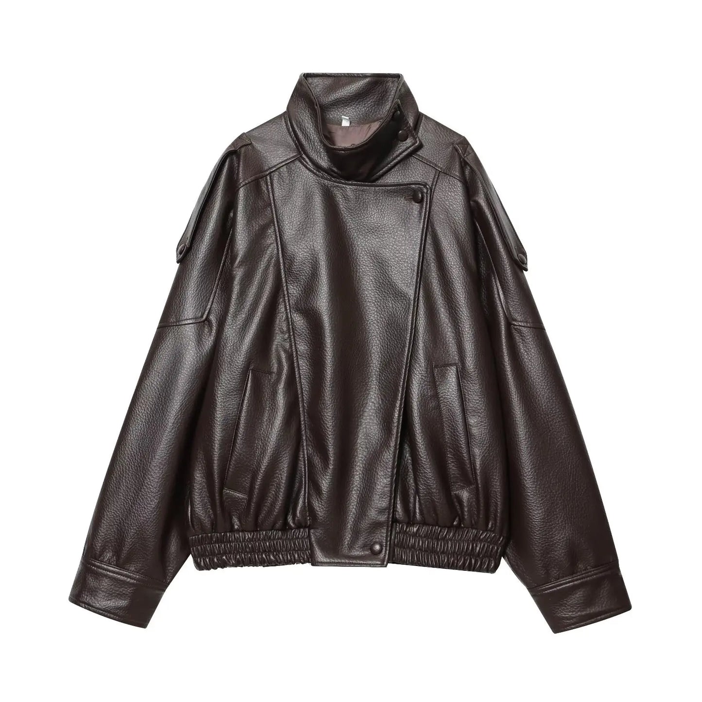 Women's Oversized Faux Leather Jacket – Long Sleeve Button Coat