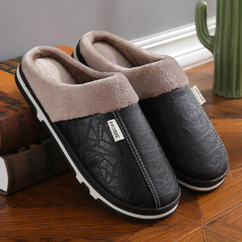 Men's Waterproof Fur-Lined Winter Slippers – PU Leather House Shoes