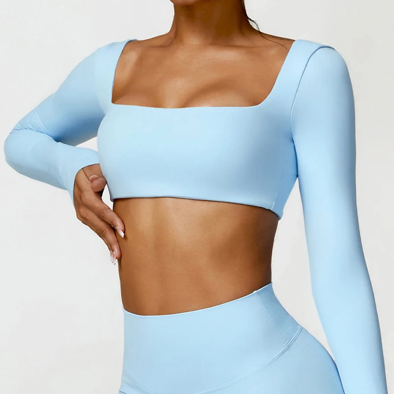 Women's Square Neck Long Sleeve Crop Top – Quick Dry Gym Sports Top