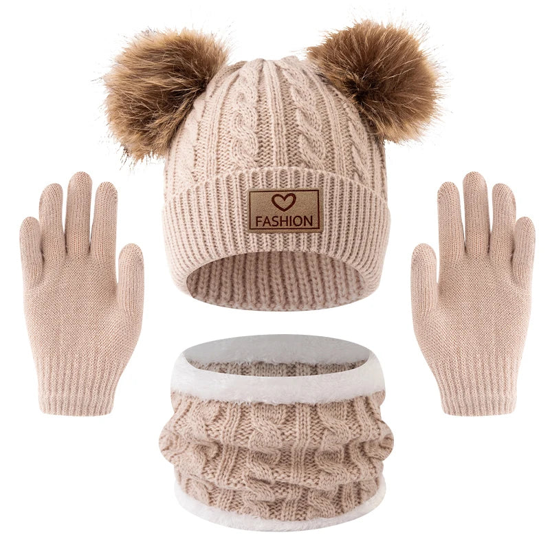Kids Winter Hat Scarf Gloves Set – 3-Piece Knit Pom Pom Beanie