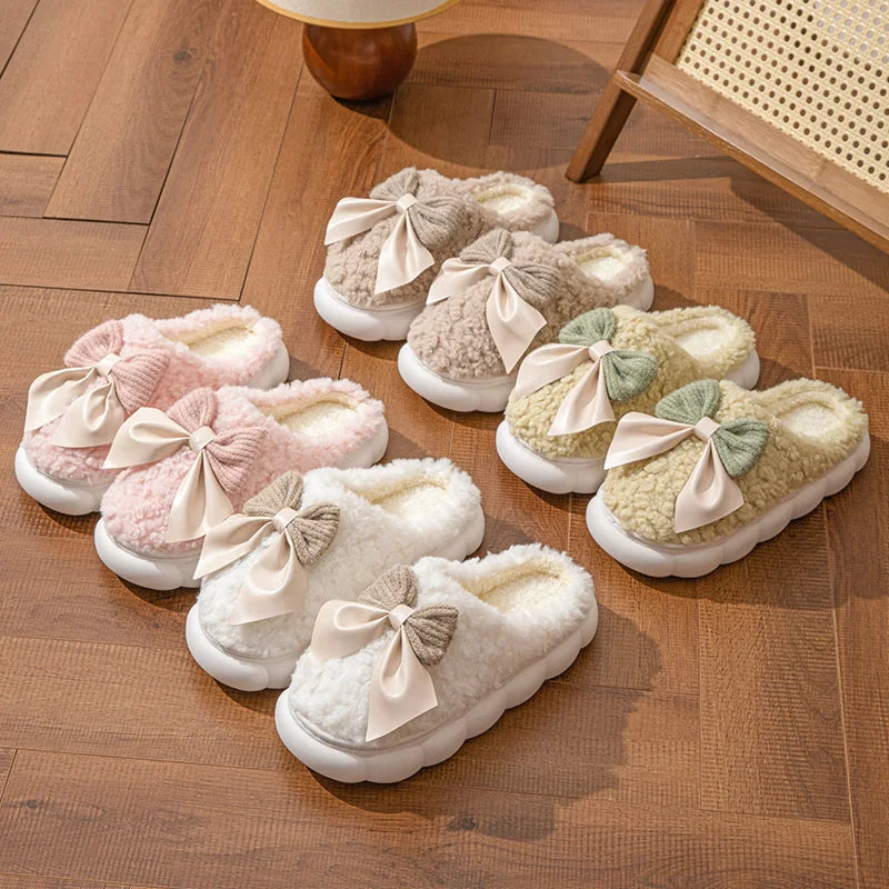 Winter Warm Fur Slippers Women Cute Bow House Non Slip Soft Shoes Comfort Flat Heel Home Indoor
