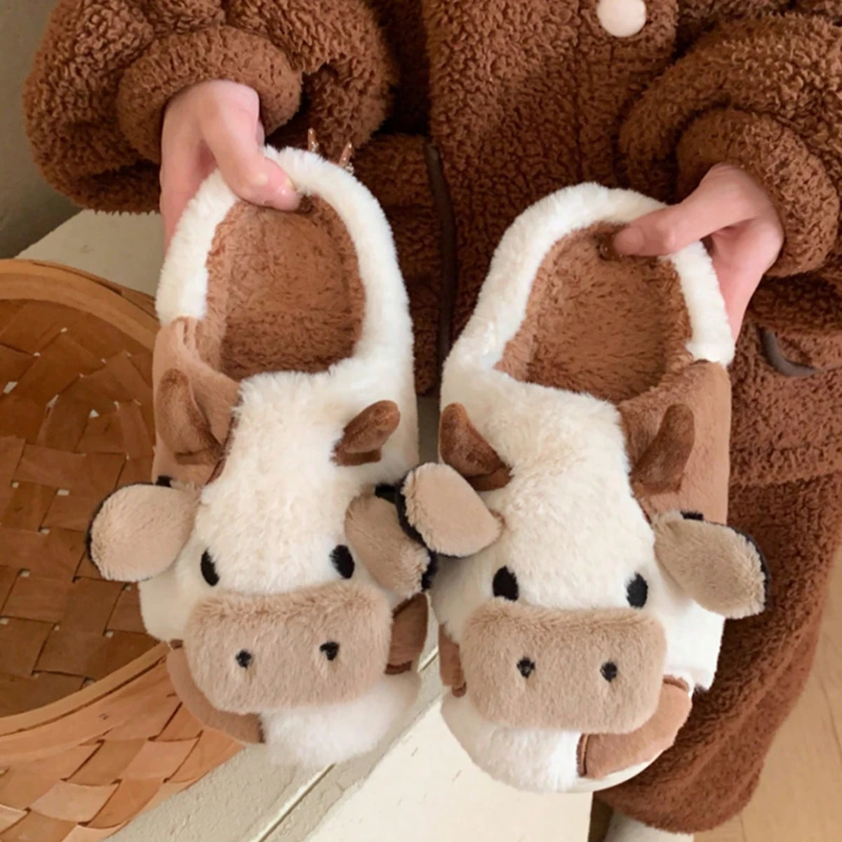 Cow Pattern Plush Slippers Winter Warm Non-Slip Cozy Cute Home Couples Men