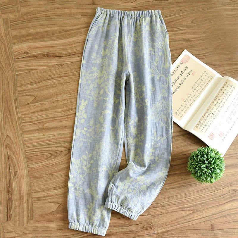 Women's Cotton Crepe Pajama Pants – Loose Floral Print Lounge Bottoms