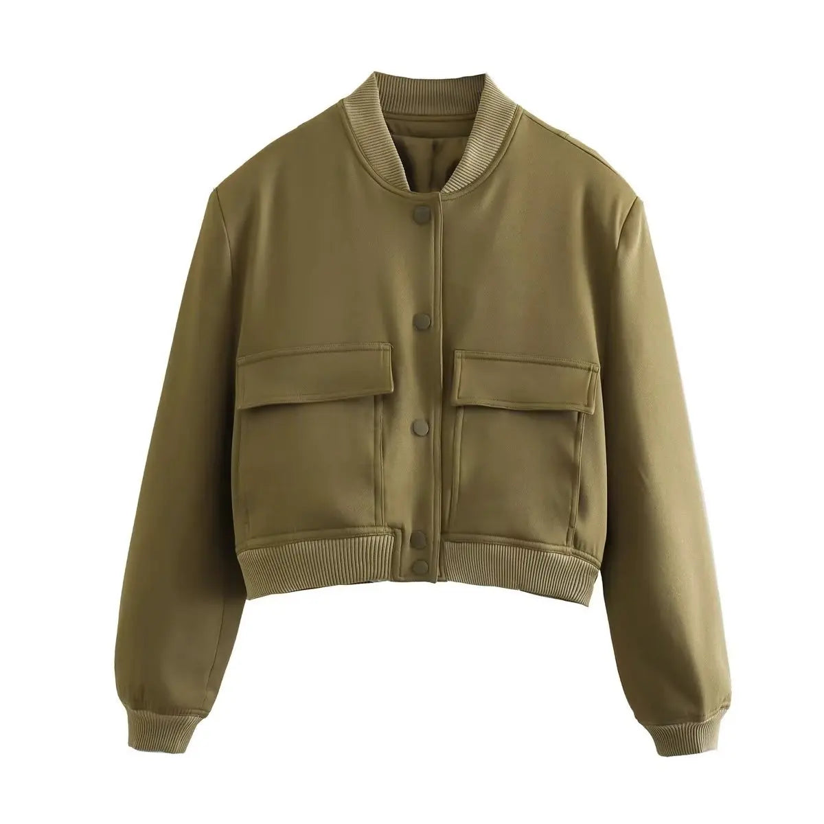 Women's Bomber Jacket – Solid V-Neck Single Breasted Coat with Pockets