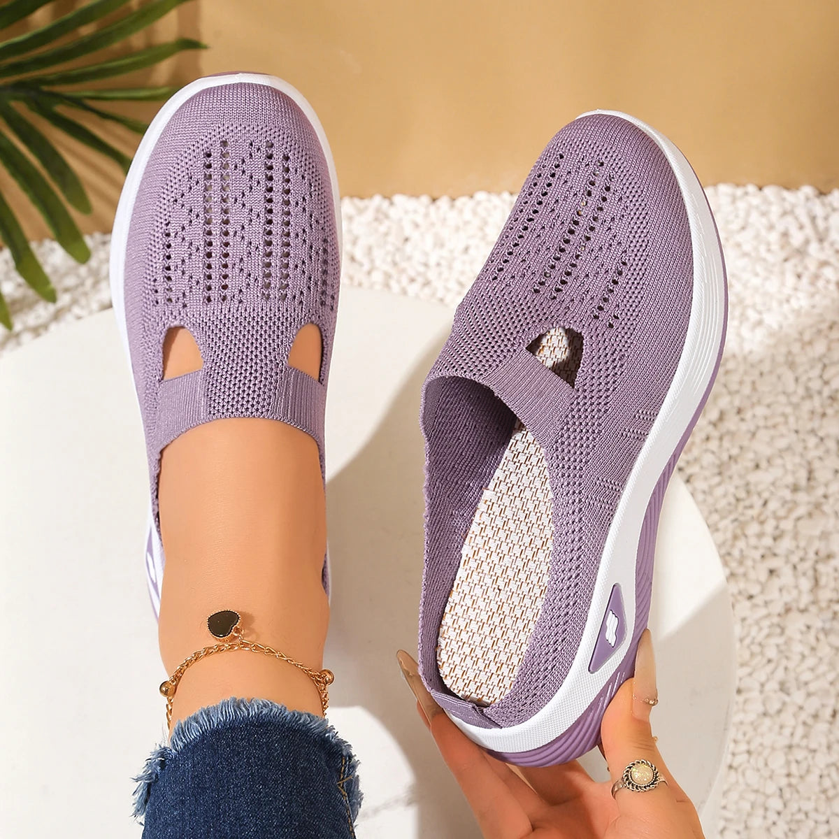 Women's Slip-On Knit Mule Sneakers – Breathable Air Cushion Slippers