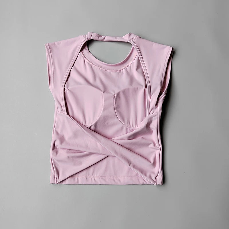 Women's Backless Yoga Crop Top – Built-In Chest Pad Sports Tee