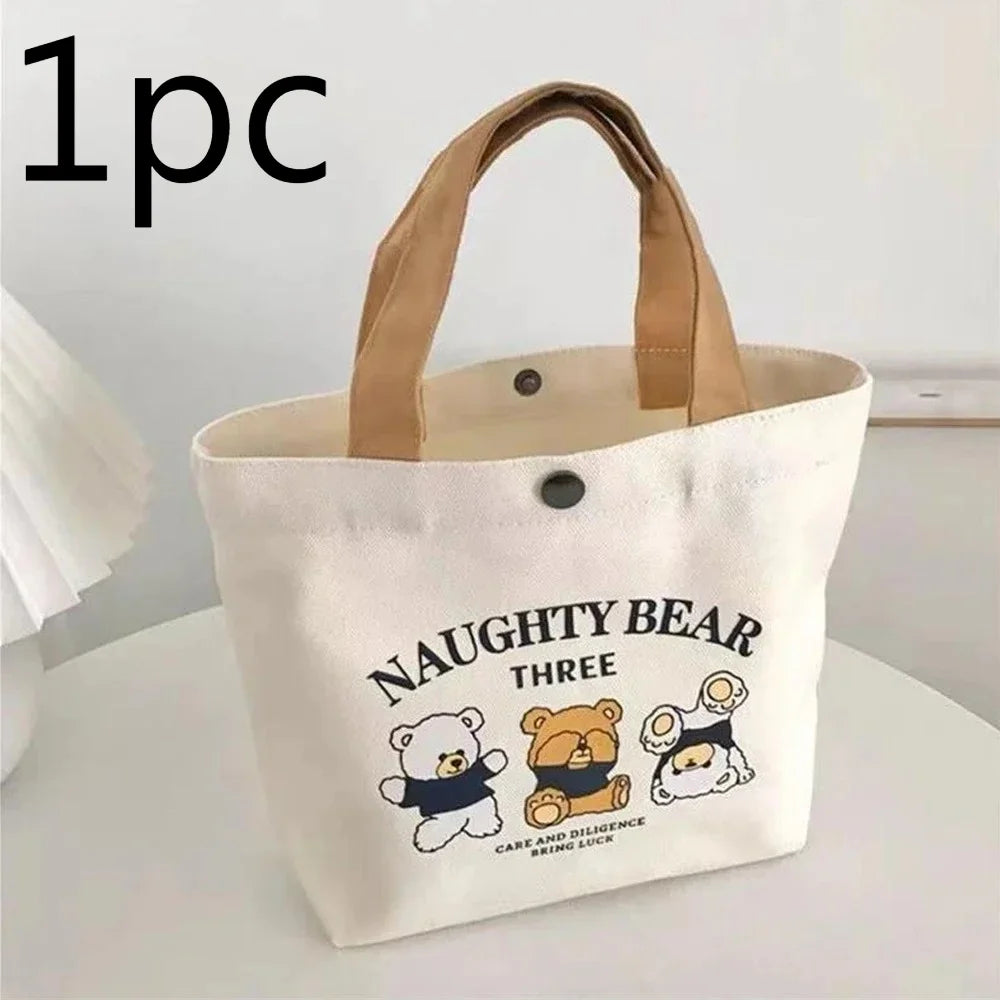 Canvas Tote Bag Women's Cute Bear Print Small Handbag