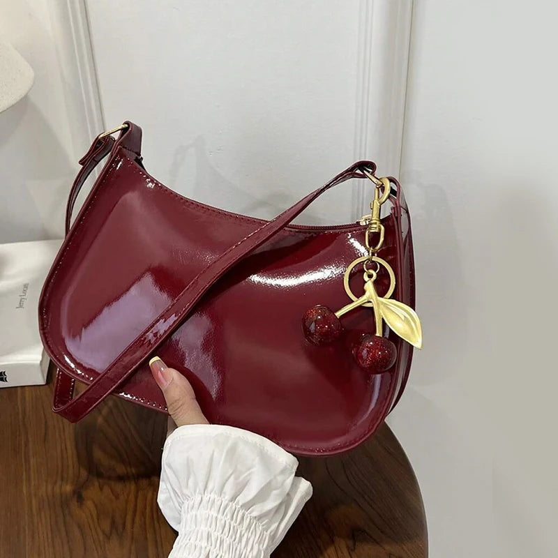 PU Leather Shoulder Bag with Cherry Pendant – Women's Casual Handbag