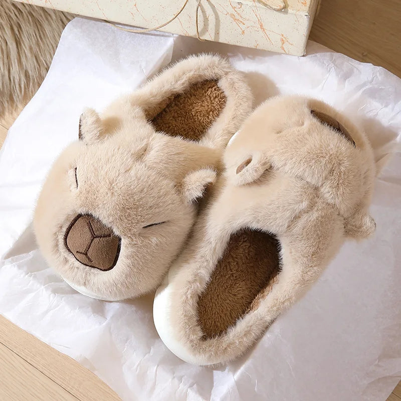 Cute Capybara Cotton Slippers Women Autumn Winter Indoor Soft Sole Warm Fur Slides Men Comfort Non
