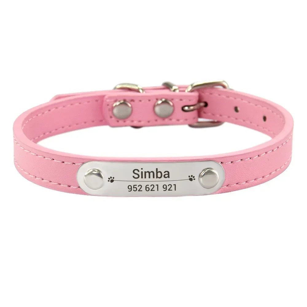 Personalized Dog Collar with Engraved ID Nameplate – PU Leather