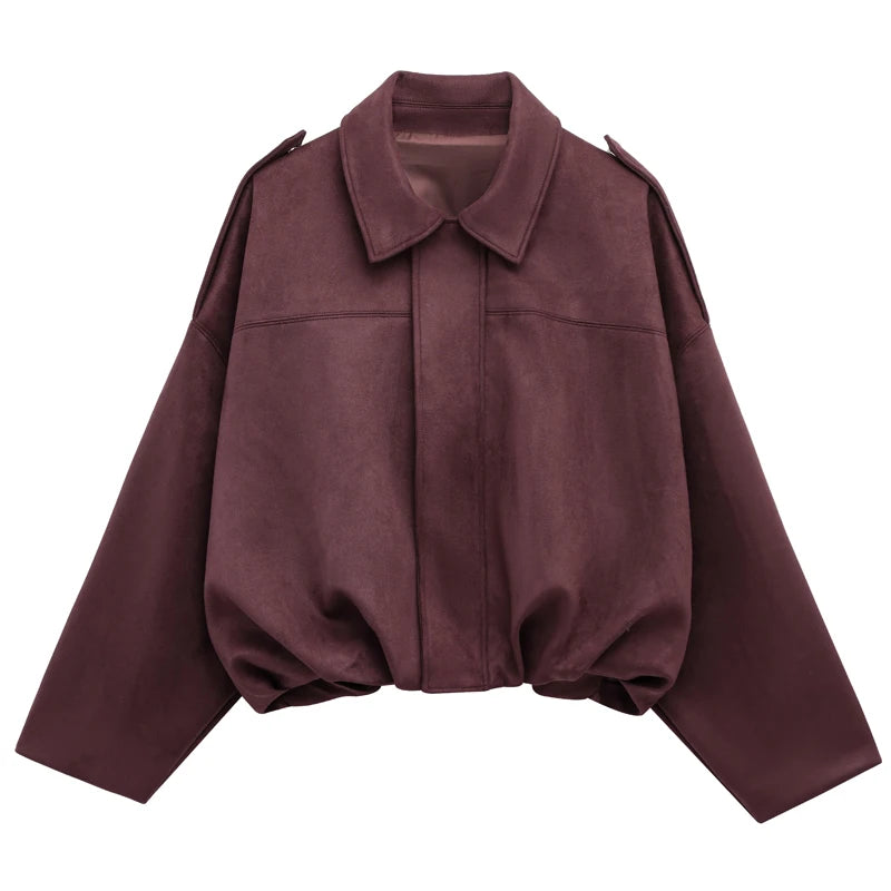 Women's Cropped Suede Bomber Jacket – Lapel Zip Racing Coat
