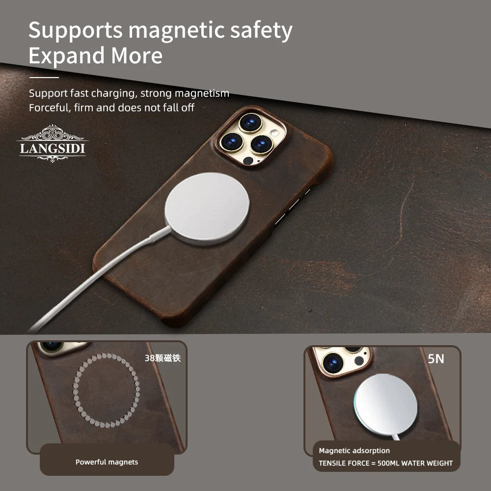Langsidi Magsafe Case Iphone 15 16 Pro Max Retro Luxury Full Grain Cowhide Genuine Oiled Pull-Up