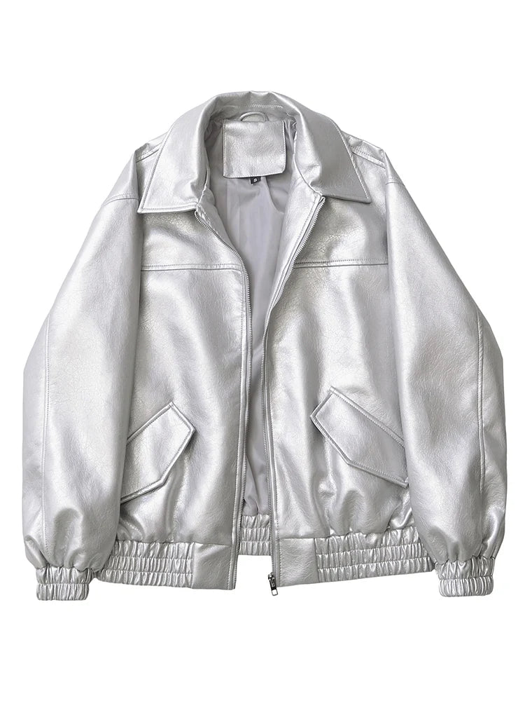 Women's Oversized Faux Leather Zip Jacket – Retro Streetwear Coat