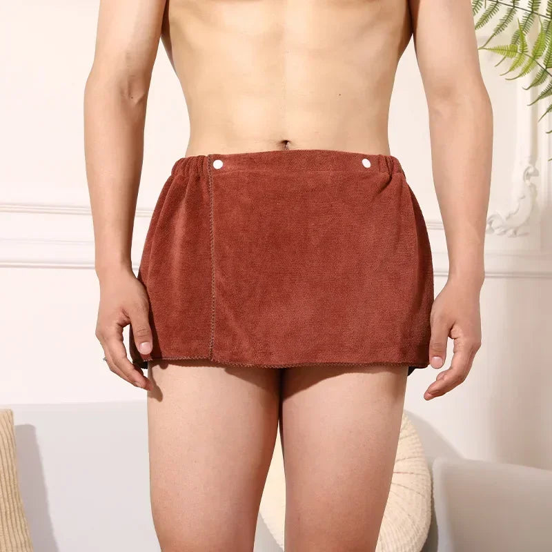 Men's Towel Wrap Bath Skirt with Snap Buttons & Side Split