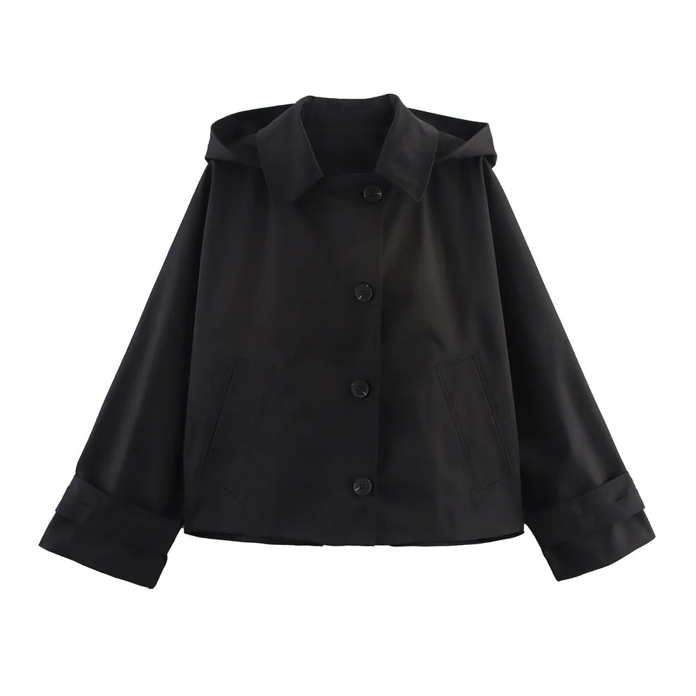 Women's Short Hooded Trench Coat Single-Breasted