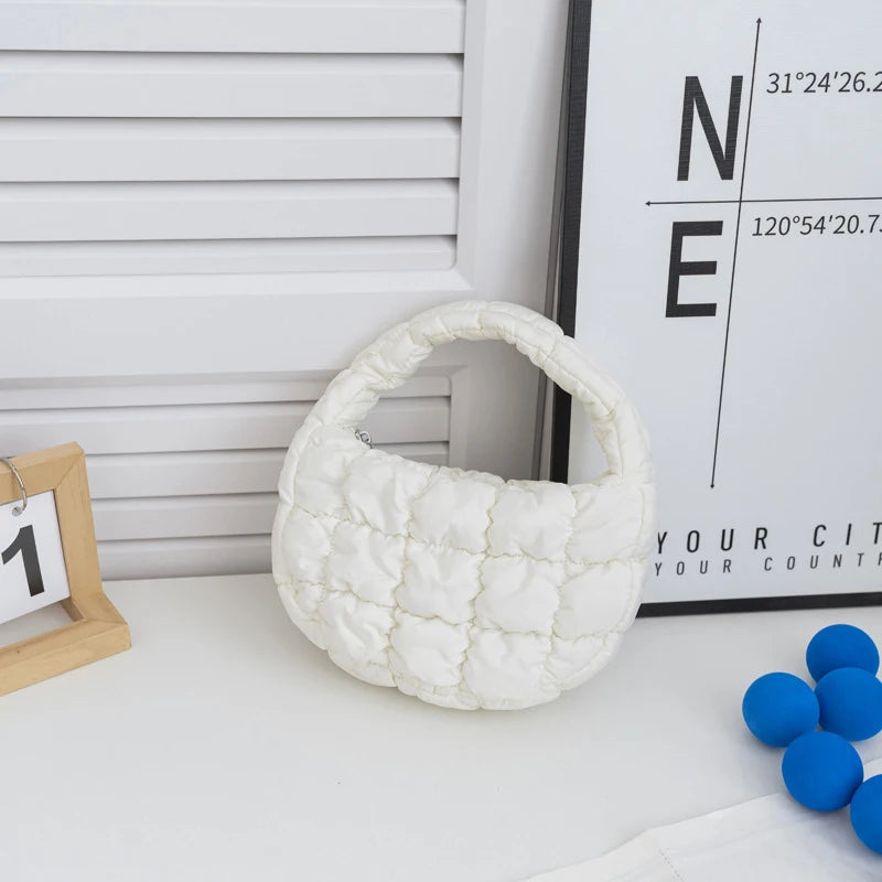 Candy Bag Mini Puffer Tote Quilted Circle Phone Purse Elegant Soft Nylon Padded Key Pouch Simple