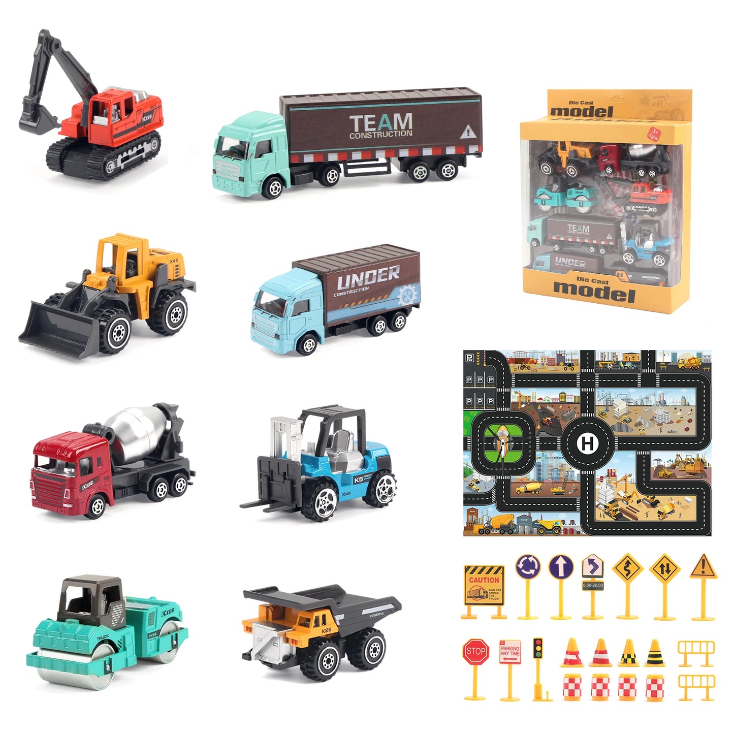 6-Piece Alloy Construction Truck Toy Set – Excavator, Loader & Tractor