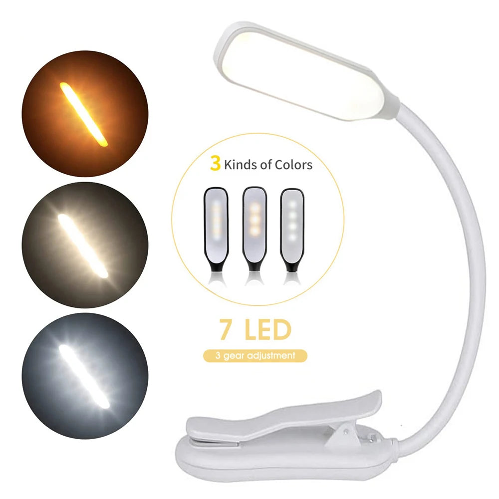 7 Led Book Light Usb Rechargeable Reading 3-Level Warm Cool White Daylight Portable Flexible Easy