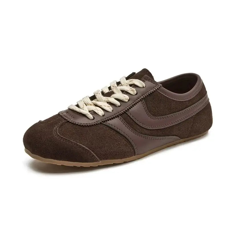 Women's Genuine Leather Retro Sneakers – Flat Lace-Up Casual Shoes