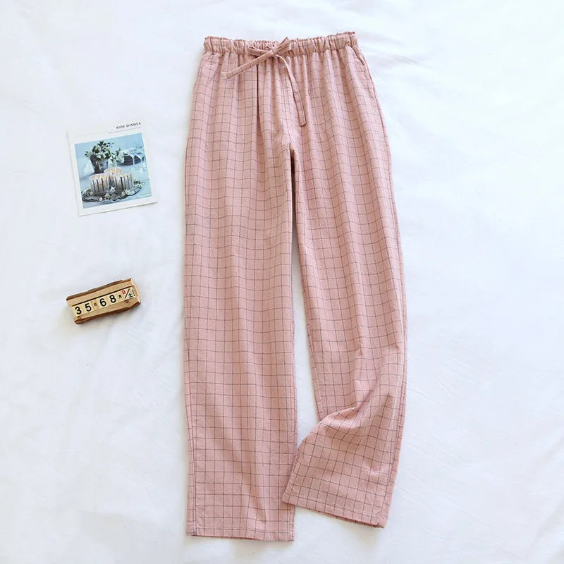 Women's Plaid Cotton Pajama Pants – Elastic Waist Tie Lounge Trousers