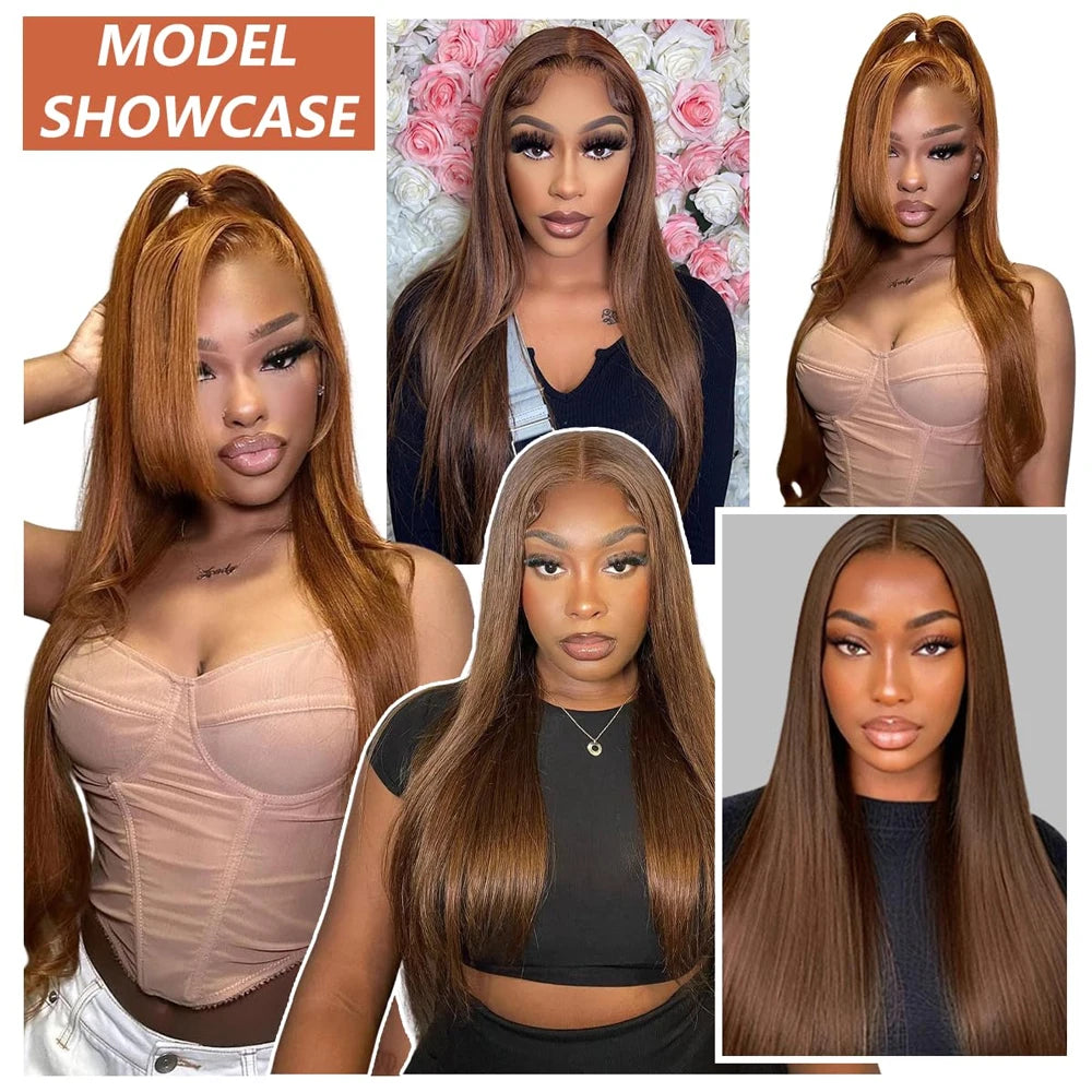 Chocolate Brown Bone Straight Human Hair Wig – 13x6 HD Lace, 180%/200% Density