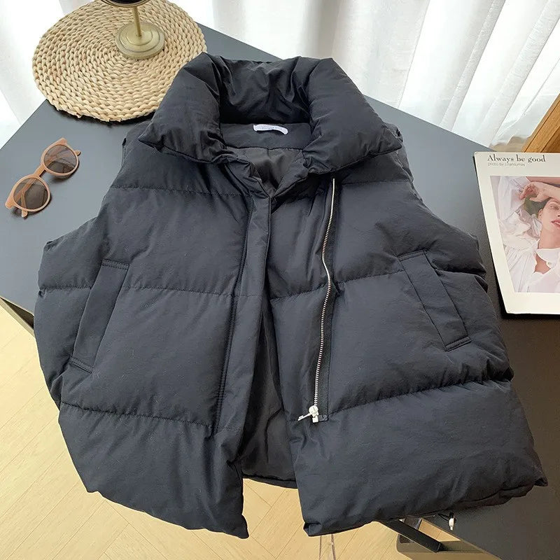Women's Puffer Vest – Sleeveless Stand Collar Down Coat with Belt
