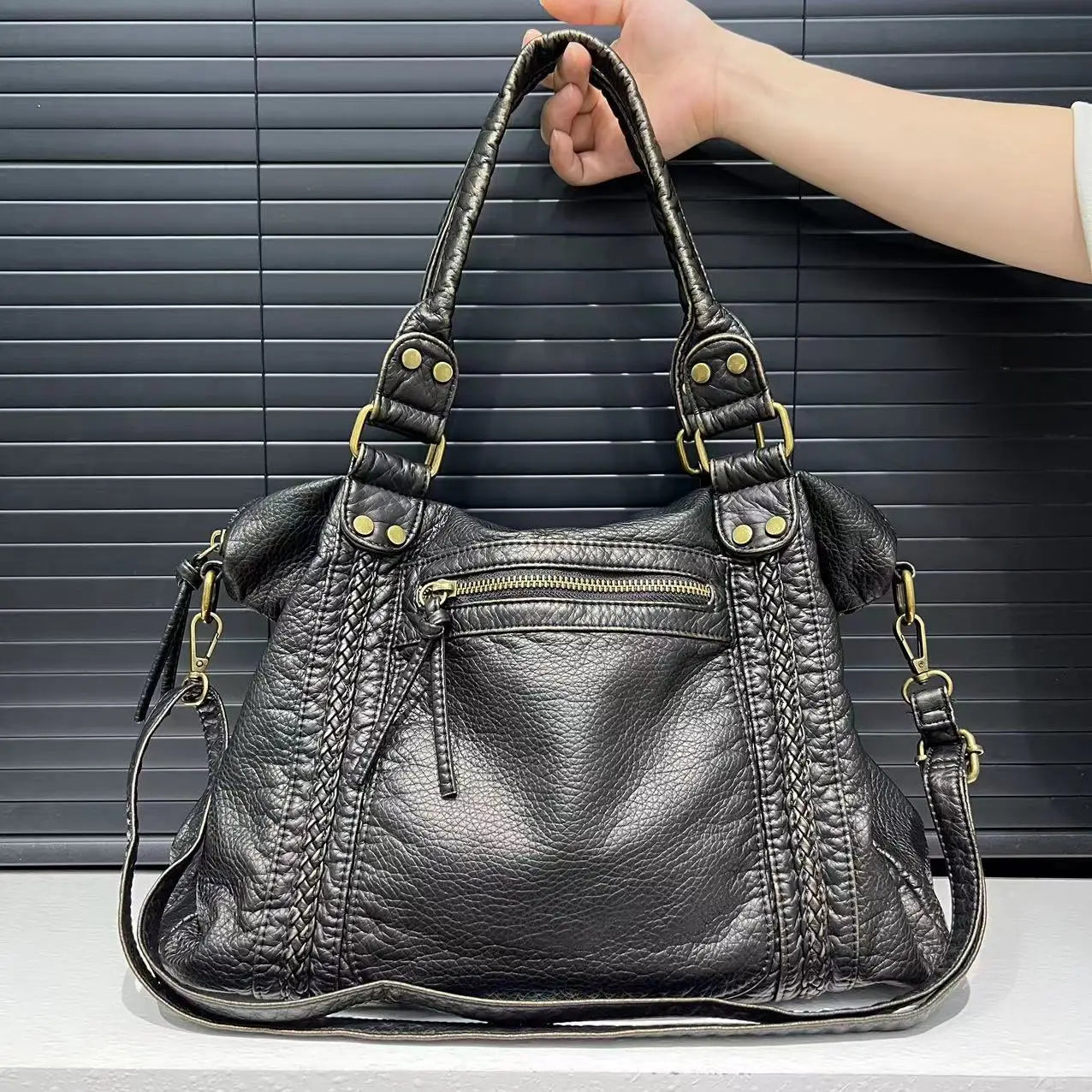 Vintage Washed Leather Motorcycle Shoulder Bag – Large Capacity Crossbody