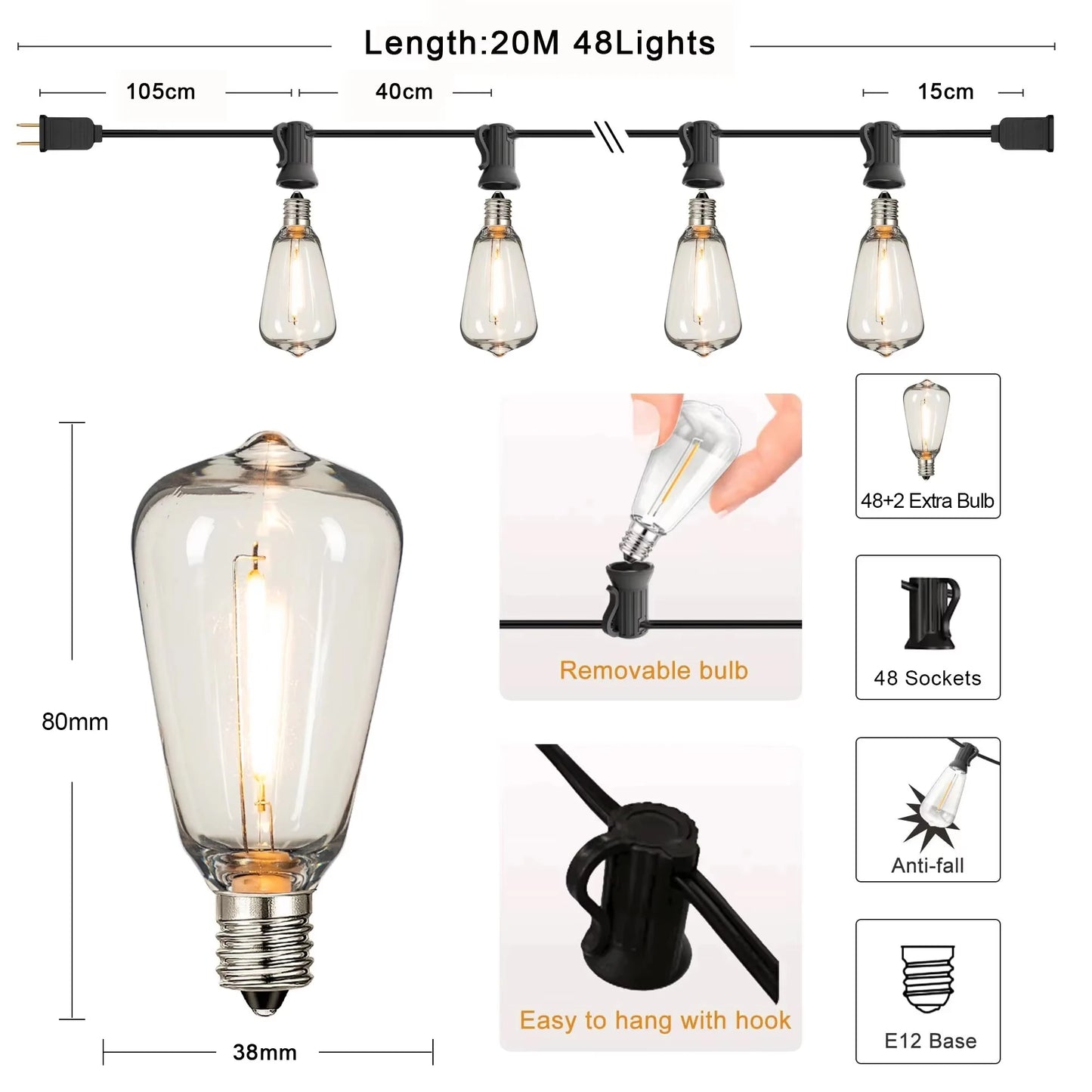St38 String Lights Outdoor Garland Connectable Shatterproof Waterproof Plastic Led Bulb Dimmable