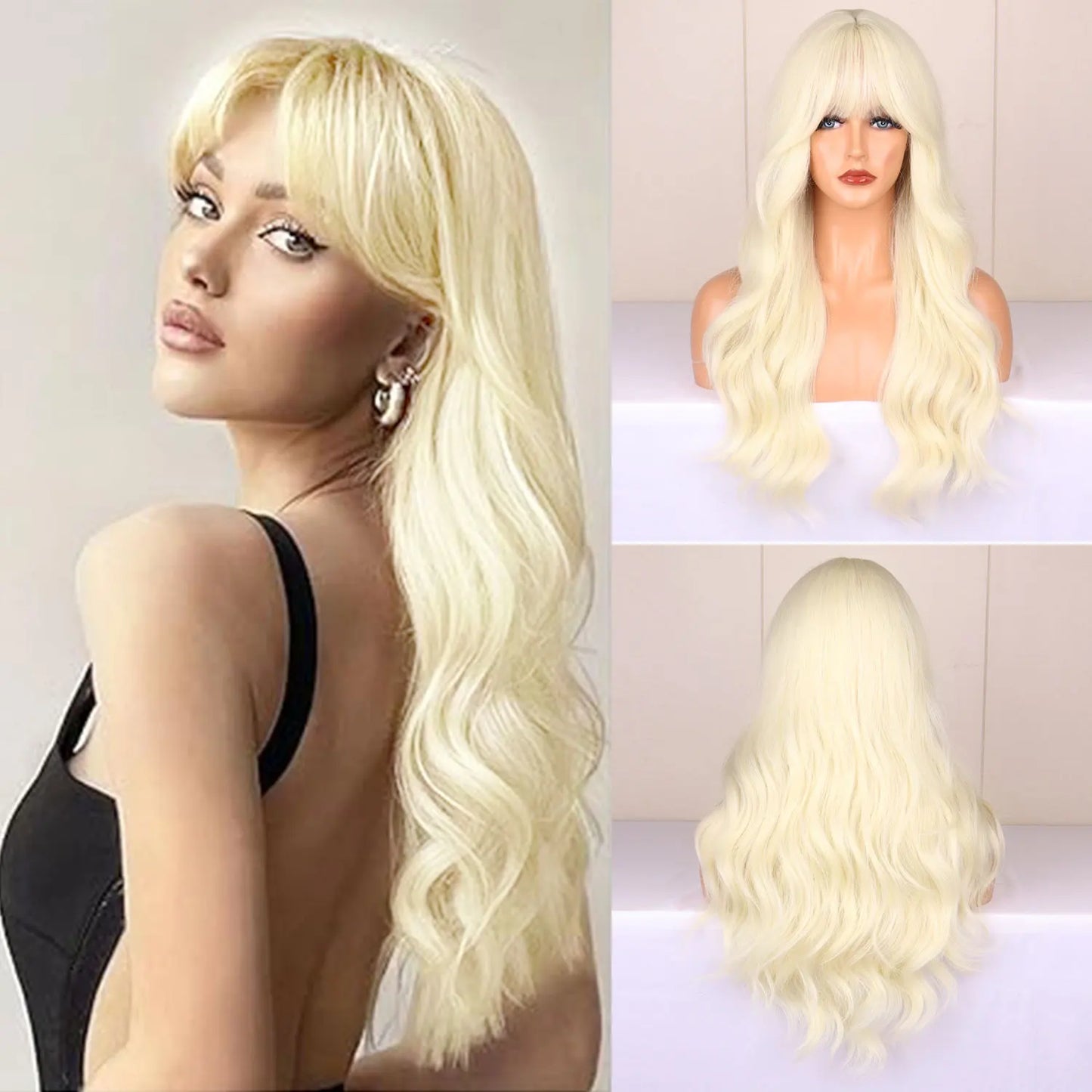 Long Wavy Synthetic Wig with Bangs – Heat Resistant Fiber
