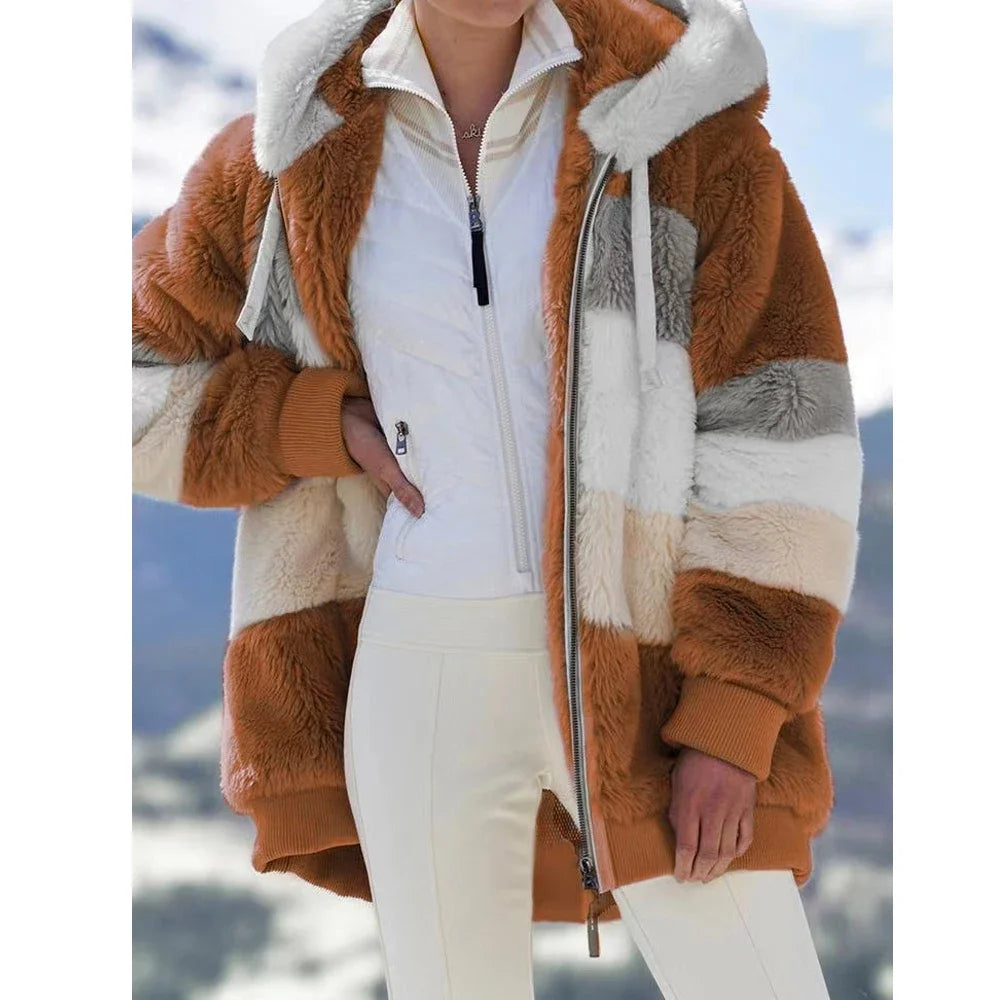 Women's Plaid Fleece Hooded Coat – Thick Zip-Up Winter Jacket