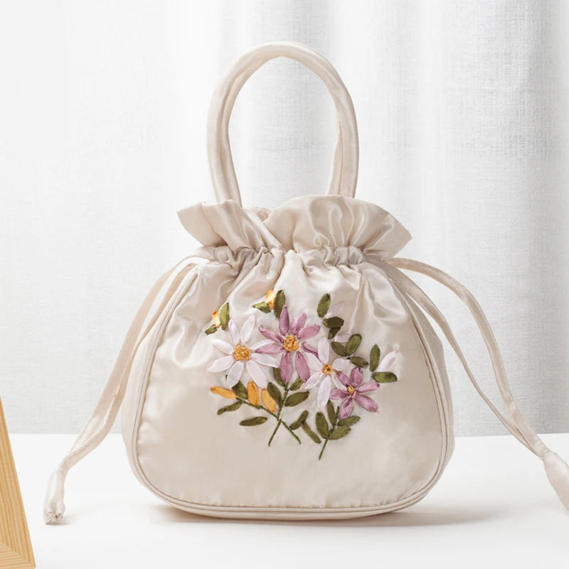 Women's Embroidered Bucket Bag – Floral Top Handle Purse