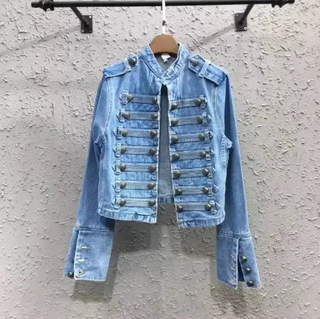 Military Double-Breasted Denim Jacket Women